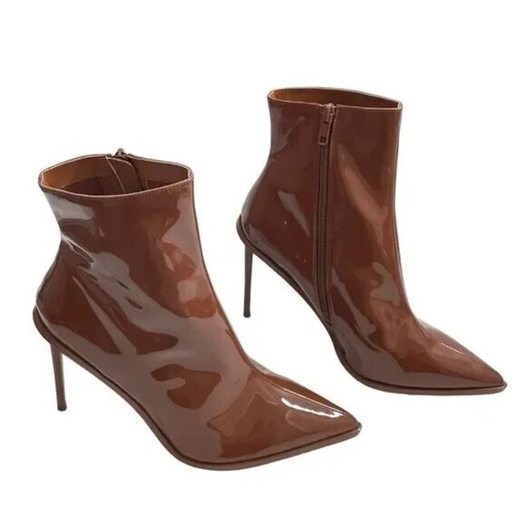 Steve Madden Valley Cognac Caramel Faux Patent Leather Zip Ankle Boots Size 10 - Picture 13 of 13